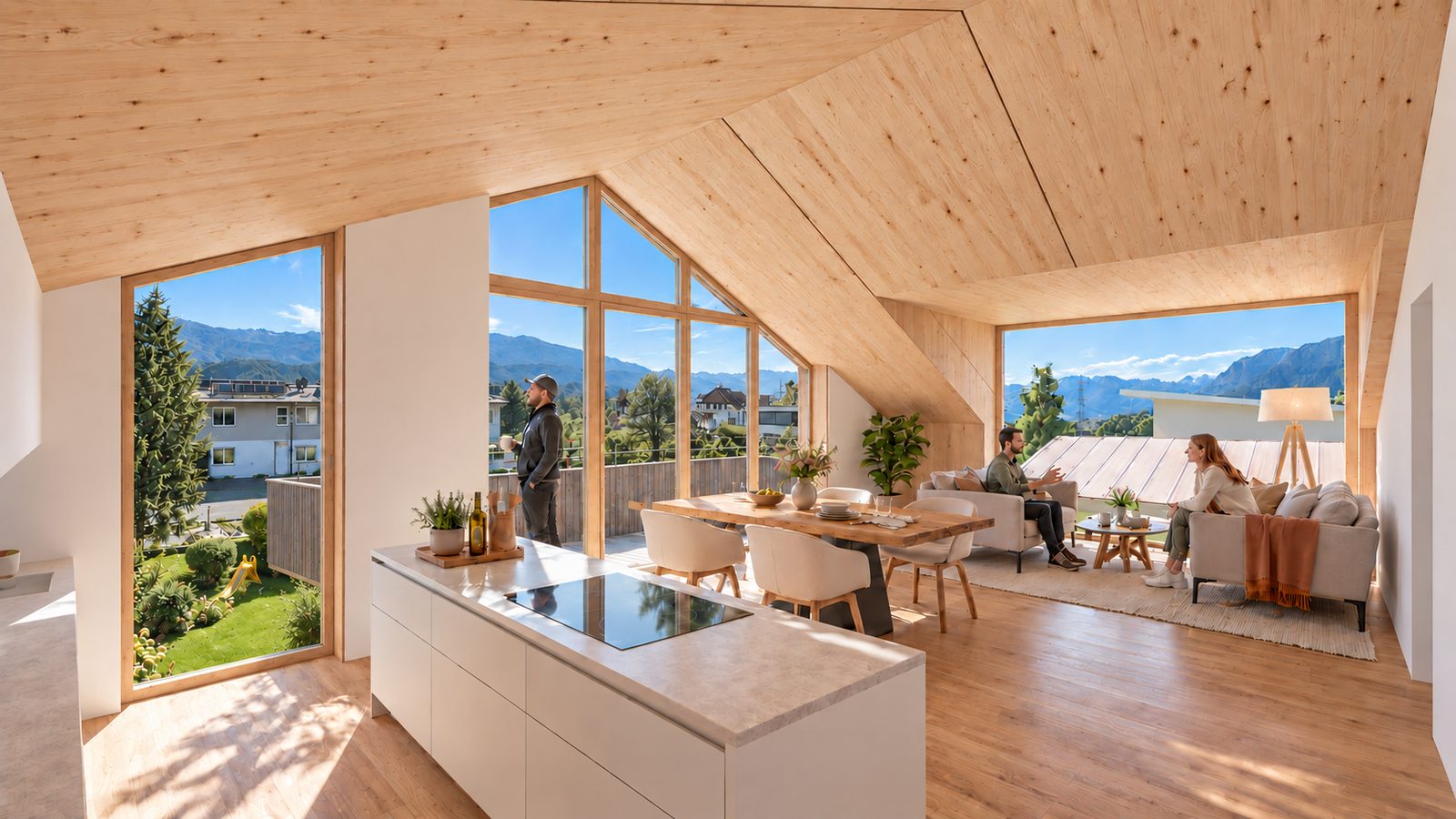 Einfamilienhaus Rumersteig – Visualisierung offener Wohn- und Essbereich